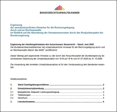 Umsatzsteuersenkung zum 01.07.2020  - Handlungsempfehlung für Rechtsanwälte